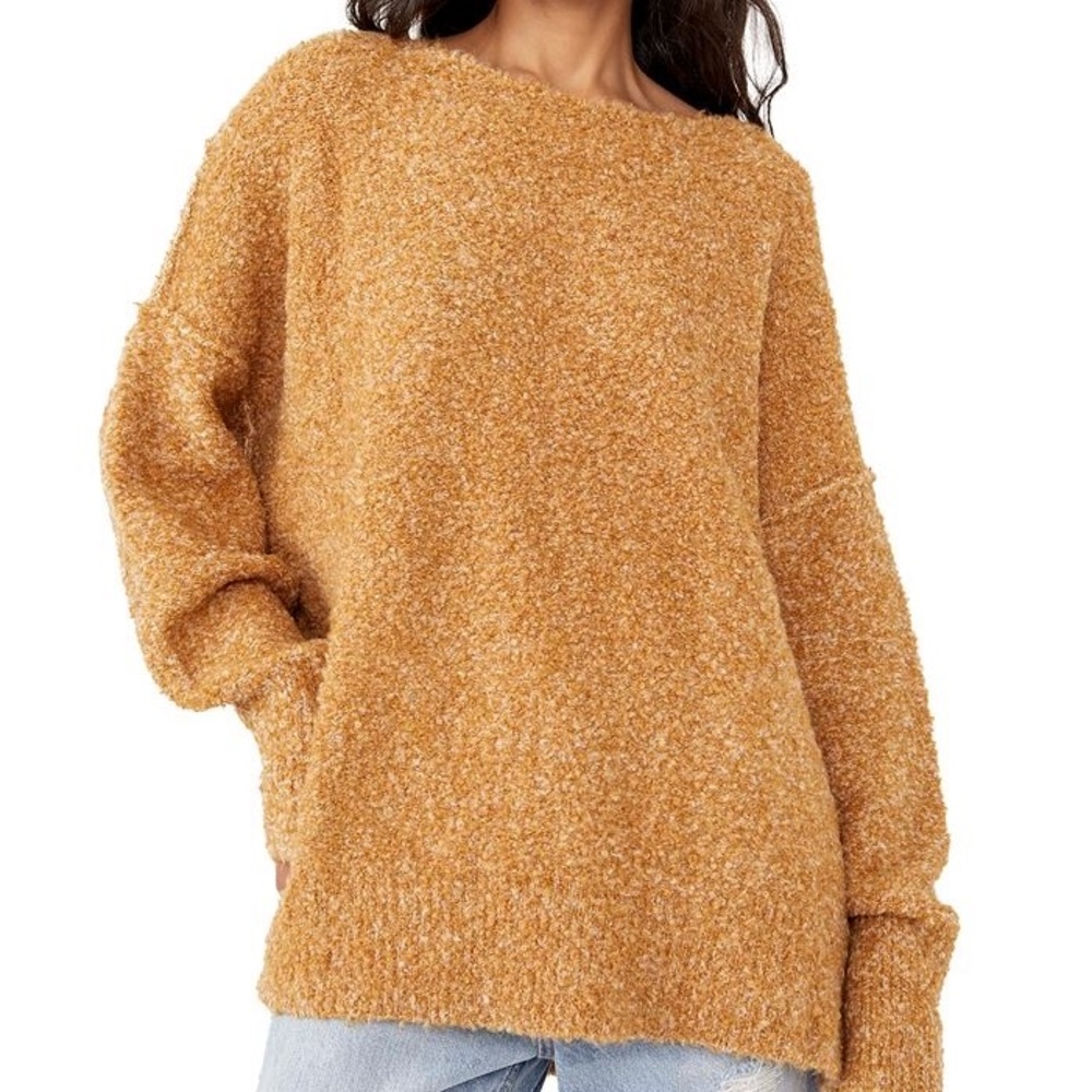 Free People Moira Slouchy Tunic Off Shoulder Oversized Mustard Yellow Sweater S